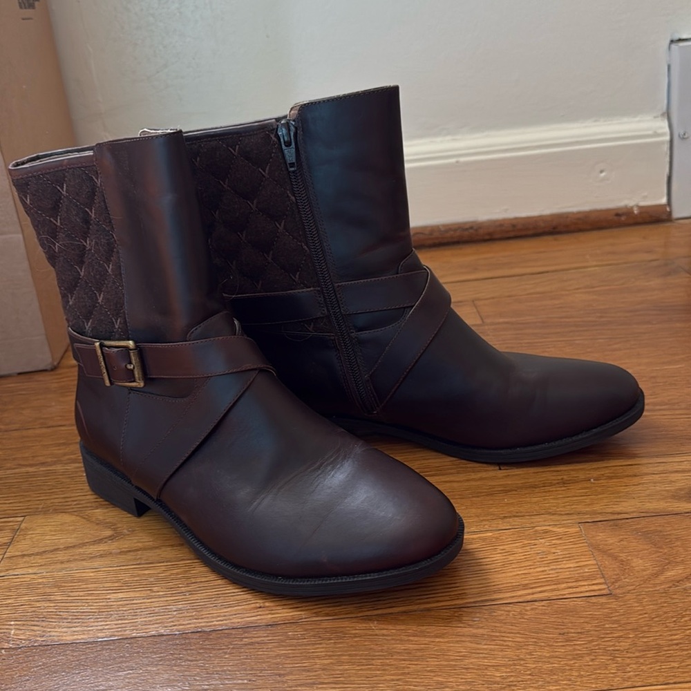 Vionic Thea Quilted Brown Leather Water Resistant Mid Boots Sz 8